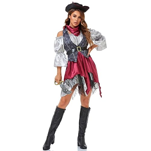 Karneval Kostüm Mädchen, Piratenkostüm Damen, Piraten Hut , Piraten Outfits Cosplay Party Vintage Oberteil Set mit Piraten Accessoires Kopftuch Kleidung Erwachsene Karneval Faschingskostüme Frauen von Rouingdd