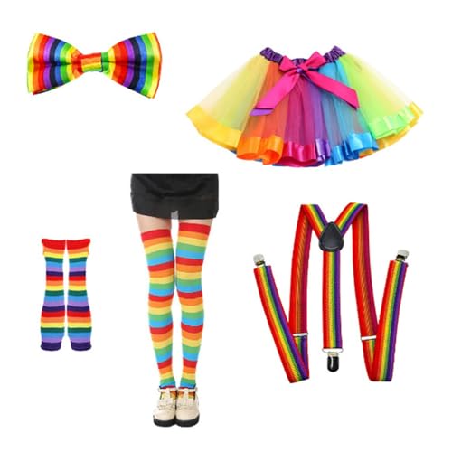 Kostüm Karneval Damen, Regenbogen Kostüm Damen Clown Kostüm mit Regenbogen Rock Tüllrock Bunt Accessoires 80er Jahre Outfit Damen für Karneval Vintage Partys von Rouingdd