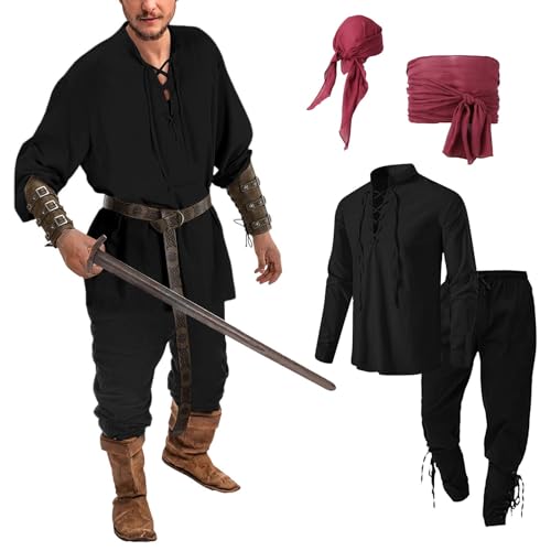 Mittelalter Kleidung Herren, Wikinger Kostüm Herren Mittelalter Kleidung 4 Teiliges Viking Set Vintage Renaissance Piratenhemd Und Hosen Fasching Karneval Halloween Kostüm von Rouingdd