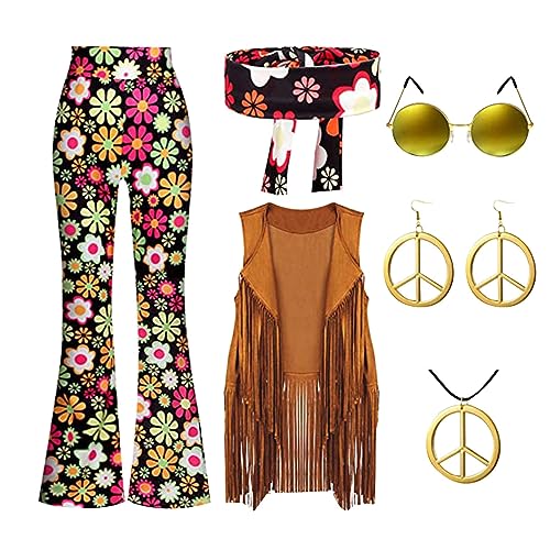 Rouingdd Faschingskostüme Damen Hippie, Hippie Kostüm Damen, Hippie Oberteil und Hippie Hose 6 Teiliges Accessoires Set 70er Jahre Outfit Hippy Hippi Kleidung Mottoparty Cosplay Karneval Kostüm Frau von Rouingdd