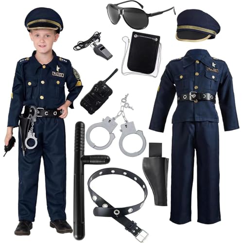 Rouingdd Faschingskostüme Kinder, Polizei Kostüm Kinder, Polizei Outfits inklusive Hemd, Hose, Hut, Gürtel, Handschellen und Holster Cop Zubehör Set Cosplay Party Karneval Jungen Rollenspielset von Rouingdd