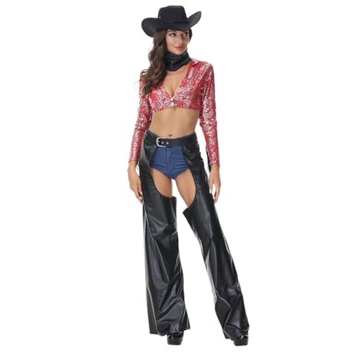 Rouingdd Karneval Deko, Cowgirl Kostüm Damen, Cowgirl Hut, Cowgirl Outfits Cosplay Party Vintage Oberteil Set Mit Cowboy Zubehör Kleidung Erwachsene 70er 80er Karneval Faschingskostüme Frauen von Rouingdd