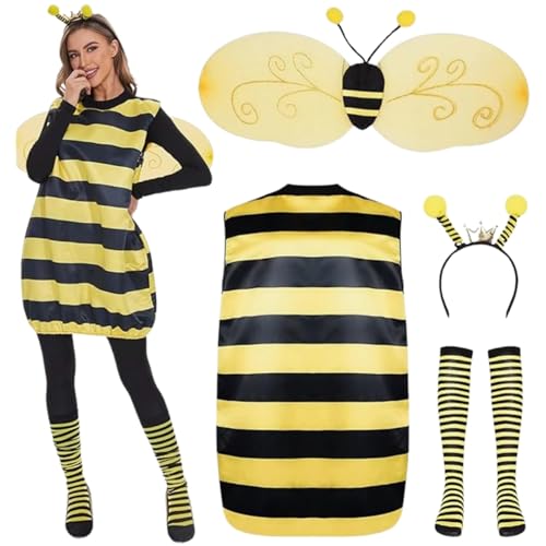 Rouingdd Karneval Kostüm Damen, Bienen Kostüm Damen Bienenkostüm Tierkostüm inkl. Biene Haarreif, Flügel, Beinärme, Gelbe Honigbienenkleid Faschingskostüme für Karneval Dress Up Party Cosplay von Rouingdd