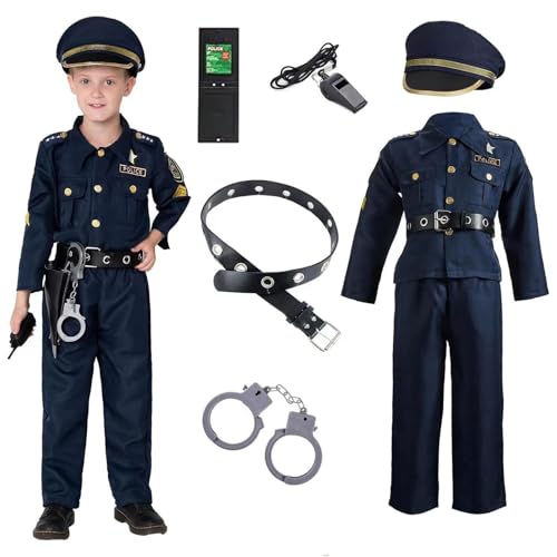 Rouingdd Playmobil Polizei, Polizei Kostüm Kinder, Polizei Outfits inklusive Hemd, Hose, Hut, Gürtel, Handschellen und Holster Cop Zubehör Set Cosplay Party Karneval Jungen Rollenspielset von Rouingdd