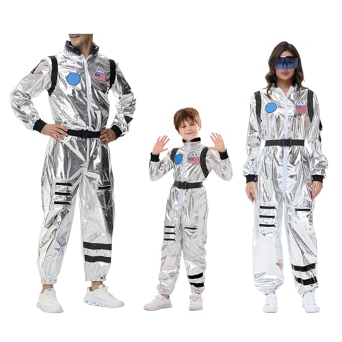 Rouingdd Astronaut Kostüm, Astronauten Kostüm Damen Herren Kinder Familie Set Outfits Silber Raumfahrer Weltall Jumpsuit inkl. Overall, Gürtel, Brillen Spaceman Karneval Cosplay Faschingskostüme von Rouingdd