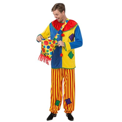 Rouingdd faschingskostüme herren, karneval kostüm herren, Clown Kostüm Damen Herren Erwachsene Set Clown Kleidung inkl. Oberteil, Hose, Tasche Cosplay Karneval Halloween Lustige Faschingskostüme von Rouingdd