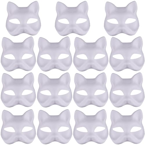 Katzenmaske 15pcs Halbfuchsmaske weiße Therian DIY Lackierbar leere Maskerade -Masken mit elastischen Bandtiergesicht für Holloween, Maskerade -Party, Cosplay Fox von Rouloudun