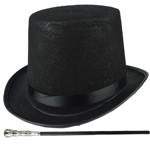 Rouloudun Top -Hutkostüm 2pcs/Set Halloween Top Hat ＆ 31,5 Zoll Schwarzer Stock 1920er Herrenzubehör für Männer Frauen Magic Performance, Cosplay, Tanz, Weihnachtsbaumkostüm von Rouloudun