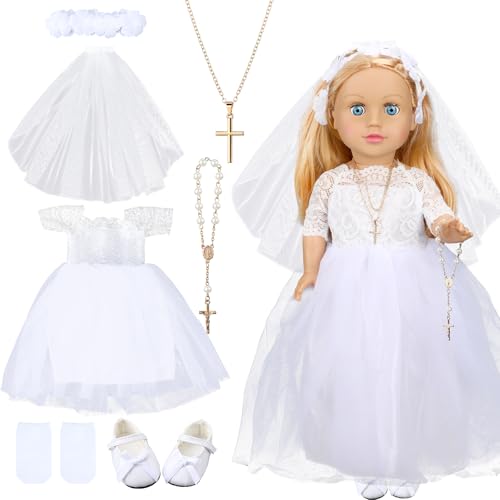 RoundFunny American Doll Clothing Outfit Holy First Communion Dress with Matching Headband Veil Prayer Beads Bracelet Necklaces Shoes Socks Fit 18 Inch Dolls, Doll Not Included von RoundFunny