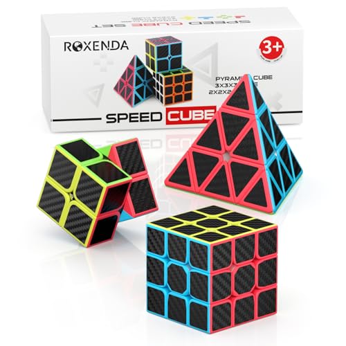 Roxenda Zauberwürfel Set, Original Speed Cube Set mit 2x2 3x3 Pyramide Speedcube, Einfaches Drehen & Flüssiges Spielen, Aufkleber Version (Kohlefaser) von ROXENDA