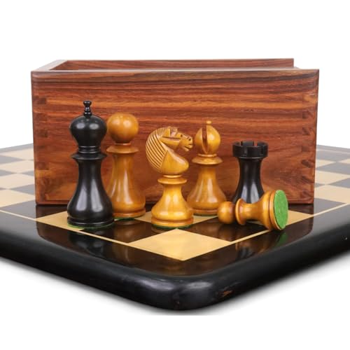 Kombination aus 3,6“ English Dublin Pattern Set - Schachfiguren aus antikisiertem Buchsbaumholz mit Schachbrett und Aufbewahrungsbox von Royal Chess Mall