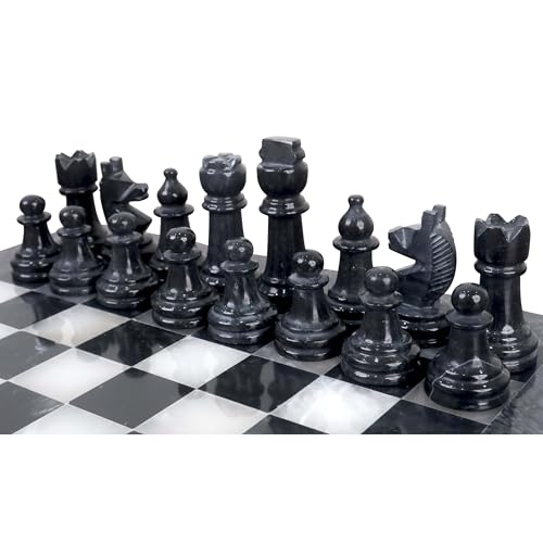 Royal Chess Mall - Onyx Marmor Schachfiguren & Schachbrett Kombi-Set - 10“ - Schwarzer und weißer Stein von Royal Chess Mall