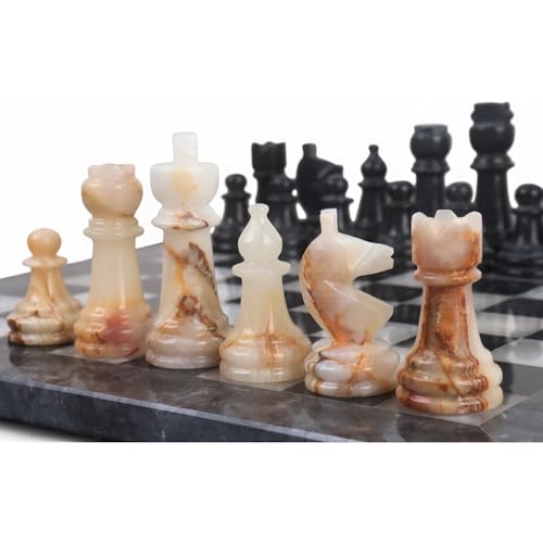 Royal Chess Mall - Onyx Marmor Schachfiguren & Schachbrett Kombi-Set - 12“ - Schwarzer und weißer Stein von Royal Chess Mall