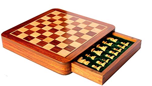 Magnetisches Schachbrett aus Holz, klassisch, quadratisch, mit Schublade, 25,3 cm x 25,3 cm, hochwertiges Quatily Sheesham/weißes Holzschach/Holzspiel-Schach/Reisespiele, magnetisches Schach-Set von Royal Kurta