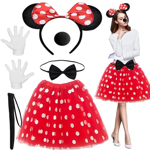 Rppiup Minnie Mouse Kostüm Damen, Damen Maus Mouse Kostüm, Ballettkeider+ Micky Maus Ohren+ Handschuhe+ Nase+ Krawatten+ Schwanz, Minnie Maus Faschingskostüm Damen für Karneval Cosplay Fasching Party von Rppiup