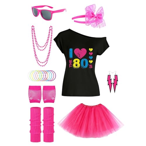 Rproonay 80er Jahre Outfit für Damen Handschuhe Leggings Tutu Rock 1980er Cosplay Kostüm 80er Jahre Outfit Kostüm Zubehör Set Halloween Dress Up von Rproonay