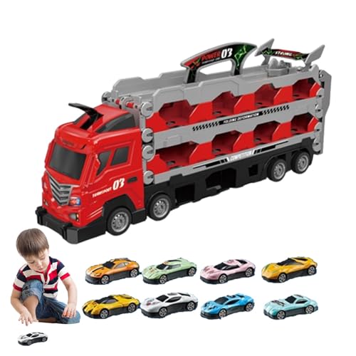 Rrlihjgu Autotransporter-Spielzeug, Transporter-LKW-Rennbahn-Kinderspielzeug - Auswurf-Rennstrecken-Autotransporter - Zusammenklappbare Aufbewahrungsrennbahn mit 8 Legierungsautos, von Rrlihjgu