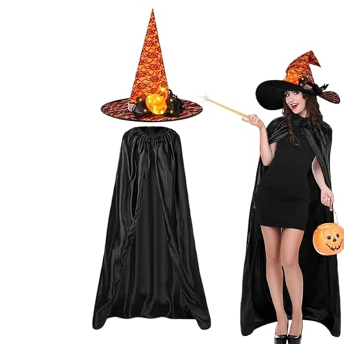 Rrlihjgu Halloween Cape Set,Halloween Hexen Cape - Halloween Hexenkostüm - Halloween-Kostüme, schwarzes Umhang-Set mit leuchtendem Hexenhut für Erwachsene für Kostüm-Rollenspiele, Halloween-Fotos, von Rrlihjgu