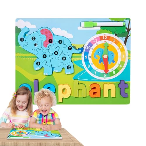 Rrlihjgu Tierpuzzle aus Holz,Tierpuzzle aus Holz für Kleinkinder, Niedliches Elefanten-Pinguin-Form-Sortierpuzzle, Lernaktivitäten, Tierpuzzle mit Lernuhr-Buchstaben-Matching-Spiel für Vorschulkinder von Rrlihjgu