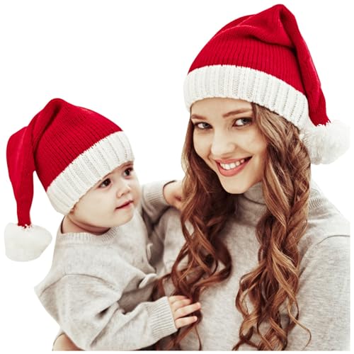 Rrongwn 2Pcs Weihnachtsmütze, Weihnachtsmannmütze Eltern-Kind Gestrickte Weihnachtsmütze Warm Weich Für Erwachsene Kinder Santa Stricken Mütze Verdickte Bequeme Weihnachtsmützen von Rrongwn