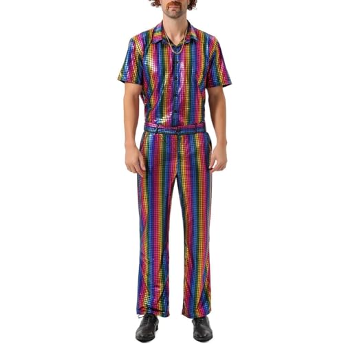 Rrongwn Regenbogen Anzug Herren Karneval Herren Anzug Pailletten Vintage Performance Kostüm Set Halloween Kostüm 70Er Jahre Disco Hiphop Anzug von Rrongwn