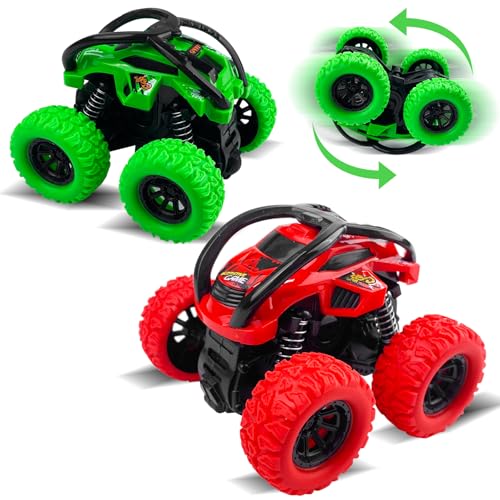 Rseuphiee 2 Stück Monster Truck, Trucks Spielzeug, Auto Kinder Spielzeug, Geländefahrzeug, Große Gummiräder 4x4 Power Trägheitsbetriebene Fahrzeuge, 360° Stunt Rotation, Rennwagen Spielset von Rseuphiee