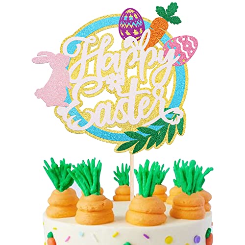 Rsstarxi 1 Packung Happy Easte Tortenaufsatz Hase Kuchenaufsatz Glitzer Osterei Dekor Kuchen Pick für Häschen Happy Easter Thema Babyparty Geburtstag Ostern Party Kuchen Dekorationen von Rsstarxi