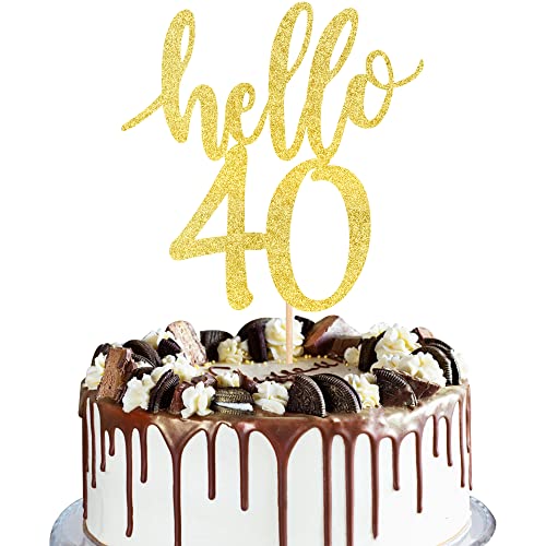 Rsstarxi 1 Packung Hello 40 Tortenaufleger Gold Glitter Forty Years Old Cheers to 40 Cake Pick for 40th Birthday Wedding Anniversary Party Cake Decorations Supplies von Rsstarxi