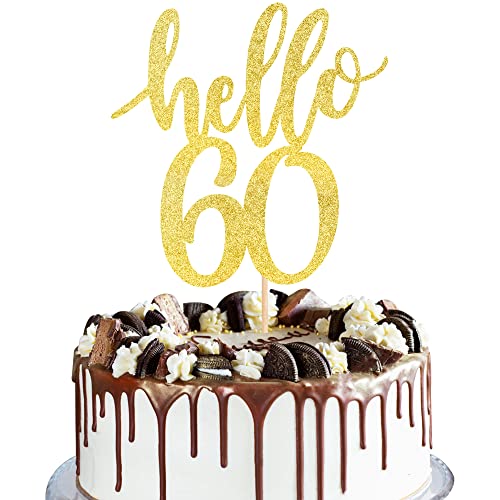 Rsstarxi 1 Packung Hello 60 Tortenaufleger Gold Glitter Sixty Years Old Cheers to 60 Cake Pick for 60th Birthday Wedding Anniversary Party Cake Decorations Supplies von Rsstarxi