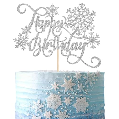 Rsstarxi 1 Packung Schneeflocke Happy Birthday Cake Topper Silber Glitzer Winter Schneeflocke Kuchen Pick Baby Shower Geburtstag Kuchen Dekoration für Schneeflocke Thema Geburtstag Party Dekorationen von Rsstarxi