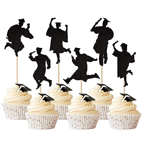 Rsstarxi 24 Stück 2023 Student Graduation Cupcake Toppers Glitzer Klasse 2023 Abschlusskappe Diplom Cupcake Picks für 2023 Jungen Mädchen Abschluss Party Kuchen Dekorationen Schwarz von Rsstarxi