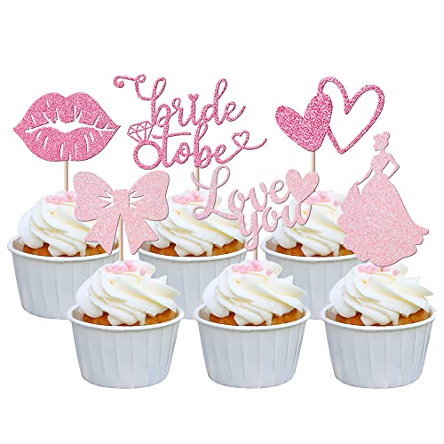 Rsstarxi 24 Stück Bride to Be Cupcake-Topper Glitzer Fliege Lippe Prinzessin Love You Brautdusche Cupcake Picks für Hochzeit Verlobung Junggesellinnenabschied Kuchen Dekorationen Zubehör Rosa von Rsstarxi