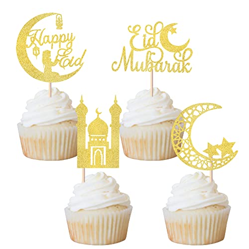 Rsstarxi 24 Stück Eid Mubarak Cupcake Toppers Gold Glitter Moon Star Happy Eid Cupcake Picks für islamische Muslim Mubarak Festival Ramadam Kareem Party Kuchen Dekorationen Supplies. von Rsstarxi