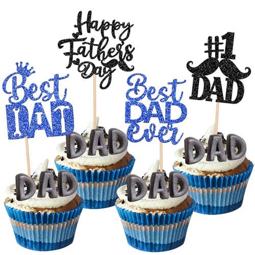 Rsstarxi 24 Stück Happy Father's Day Cupcake Topper Glitter Best Dad Ever #1 Dad Cupcake Picks Werkzeug Konstruktion Kuchen Dekorationen für Happy Father's Day Birthday Party Supplies Schwarz Blau von Rsstarxi