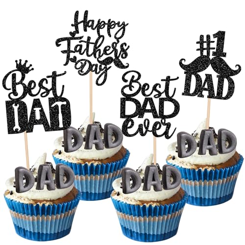 Rsstarxi 24 Stück Happy Father's Day Cupcake Topper Glitter Tool Construction Cupcake Picks Best Dad Ever #1 Dad Cake Decorations for Happy Father's Day Birthday Party Supplies Black von Rsstarxi