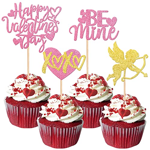 Rsstarxi 24 Stück Happy Valentine's Day Cupcake Topper Glitzer Liebe Herz Amor Cupcake Picks Be Mine Kuchendekorationen für Valentinstag Hochzeit Jahrestag Party Supplies Rosa von Rsstarxi