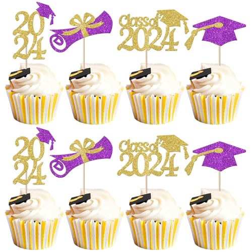 Rsstarxi 24 Stück Klasse 2023 Abschlussfeier Cupcake Topper Glitzer 2023 Abschlusskappe Diplom Cupcake Picks für 2023 Abschlussfeier Party Kuchen Dekorationen Supplies Gold Lila von Rsstarxi