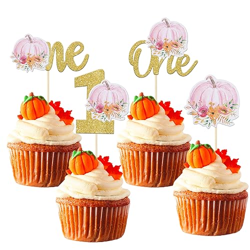 Rsstarxi 24 Stück Little Pumpkin 1. Geburtstag Cupcake Topper erster Geburtstag Cupcake Picks Baby Shower Kürbis One Birthday Kuchen Dekorationen für Herbst Thema 1. Geburtstag Party Dekorationen Rosa von Rsstarxi