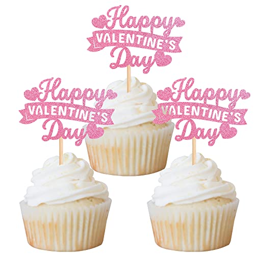 Rsstarxi 24 Stück Rosa "Happy Valentine's Day" Cupcake Toppers Glitter Sweet Love Cupcake Picks Valentinstag Kuchen Dekorationen für Happy Valentine's Day Wedding Bridal Shower Birthday Party Supplies von Rsstarxi