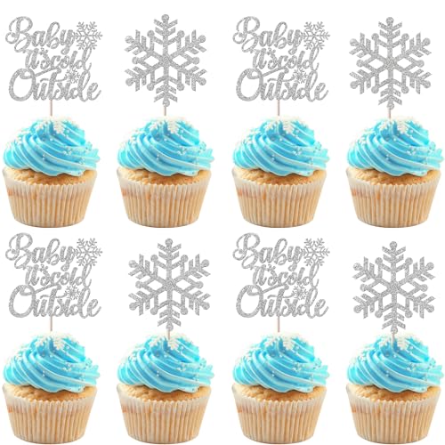 Rsstarxi 24 Stück Schneeflocken-Cupcake-Topper Glitzer Baby It's Cold Outside Cupcake Picks Schneeflocke Baby Shower Kuchen Dekorationen für Winter Onderland Geburtstag Xmas Party Dekorationen Silber von Rsstarxi