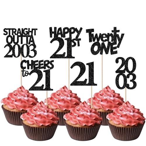 Rsstarxi 24 Stück gerade Outta 2002 Cupcake-Topper 21. Geburtstag Cupcake-Picker Twenty One Cheers to 21 Years Old Cupcake Topper for 21st Birthday Wedding Party Cake Decorations Supplies Black von Rsstarxi