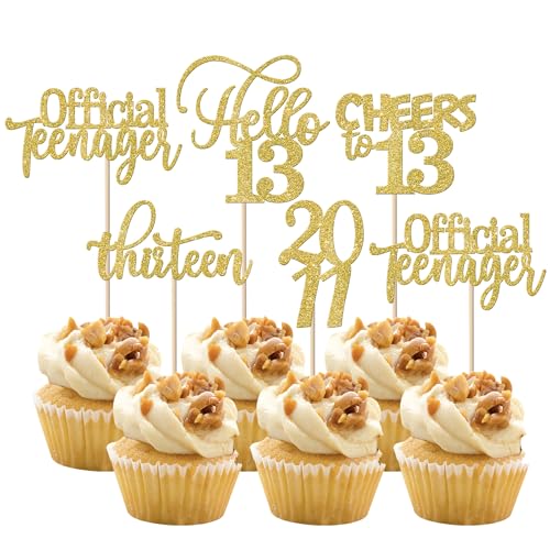 Rsstarxi 30 Stück Happy 13th Birthday Cupcake Toppers Glitter Double Digits Since 2009 Hello 13 Thirteen Cheers to 13 Years Old Birthday Cupcake Picks for 13th Birthday Party Cake Decorations Supplies Gold von Rsstarxi