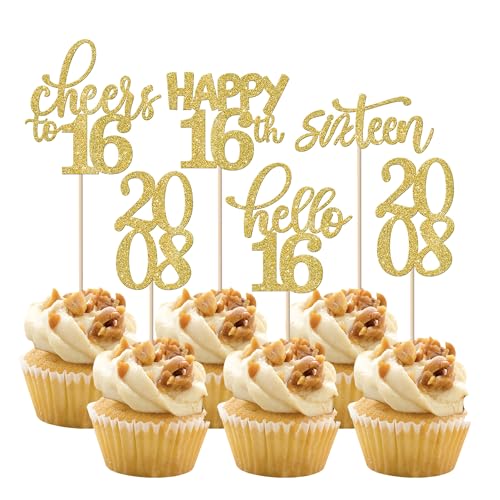 Rsstarxi 30 Stück Happy 16th Birthday Cupcake Toppers Glitter Double Digits Since 2006 Hello 16 Sixteen Cheers to 16 Years Old Birthday Cupcake Picks for 16th Birthday Party Cake Decorations Supplies Gold von Rsstarxi