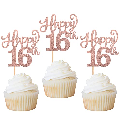 Rsstarxi 30 Stück Happy 16th Cupcake Topper Glitzer Sixteen Cheer to 16 Years Old Number 16 Birthday Cupcake Picks for Happy 16th Birthday Anniversary Party Kuchen Dekorationen Rose Gold von Rsstarxi