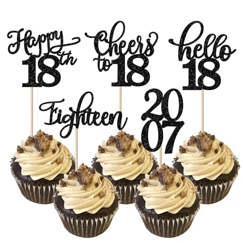 Rsstarxi 30 Stück Happy 18th Birthday Cupcake Toppers Black Glitter Eighteen Double Digits Since 2004 Hello 18 Cupcake Picks Cheers to 18 Years Old Cake Decorations for 18th Birthday Anniversary Party Supplies von Rsstarxi