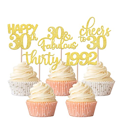 Rsstarxi 30 Stück Happy 30th Birthday Cupcake Toppers Glitter Since 1992 Hello 30 Kuchen Dekorationen Cheers to 30 Years Old Birthday Cupcake Picks for 30th Birthday Party Supplies Gold von Rsstarxi