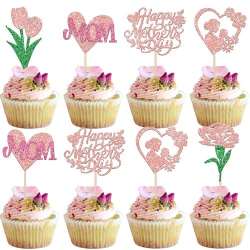 Rsstarxi 30 Stück Happy Mother's Day Cupcake Topper Glitzer Best Mom Ever I Love You Mom Cupcake Picks Herz Blume Muttertag Kuchen Dekorationen für Muttertag Party Supplies Rose Gold von Rsstarxi