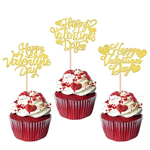 Rsstarxi 30 Stück Happy Valentine's Day Cupcake Toppers Glitzer Valentinstag Cupcake Picks Love Heart Kuchen Dekorationen für Valentinstag Thema Brautdusche Valentinstag Party Supplies Gold von Rsstarxi