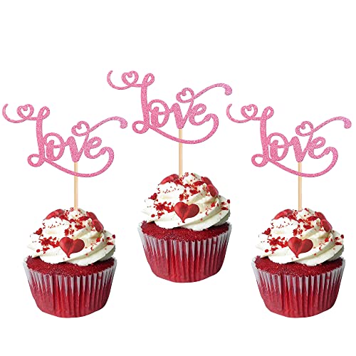 Rsstarxi 30 Stück Love Valentinstag Cupcake Topper Gold Glitter Love Heart Cupcake Picks Brautdusche Kuchen Dekorationen für Valentinstag Thema Hochzeit Verlobung Jahrestag Party von Rsstarxi