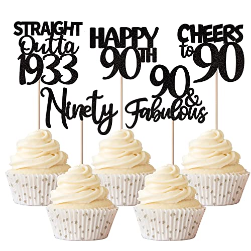 Rsstarxi 30 Stück gerade Outta 1933 Cupcake-Topper mit schwarzem Glitzer zum 30. Geburtstag, Cupcake-Picker mit 90 fabelhaften Cupcake-Topper für Happy 90th Birthday Anniversary Party Kuchen Dekorationen von Rsstarxi